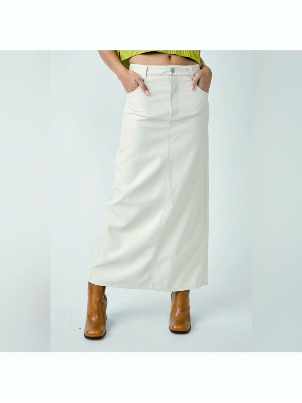 Free People City Slicker Vegan Faux Leather Maxi Skirt Cream Off-White New 10
